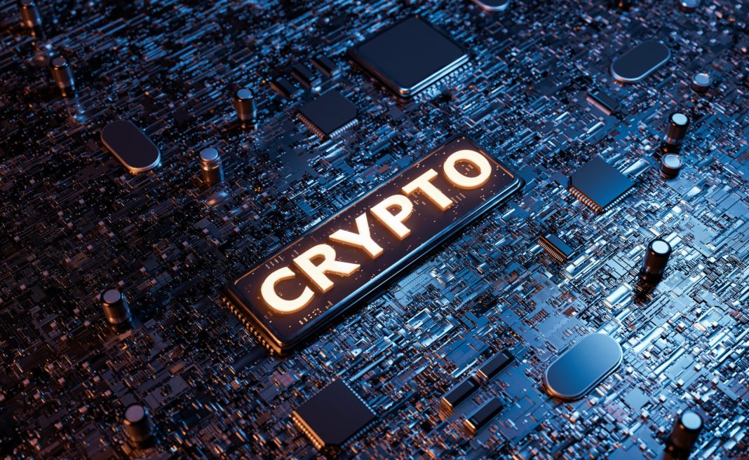 Знак CRYPTO на электронной плате, полной микрочипов. концепция майнинга, криптовалют, будущего и технологий. 3d рендеринг